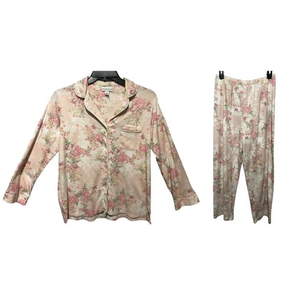Miss Elaine Size Medium Pink White Floral Knit Pajamas Long Sleeve Button Front - Picture 1 of 15